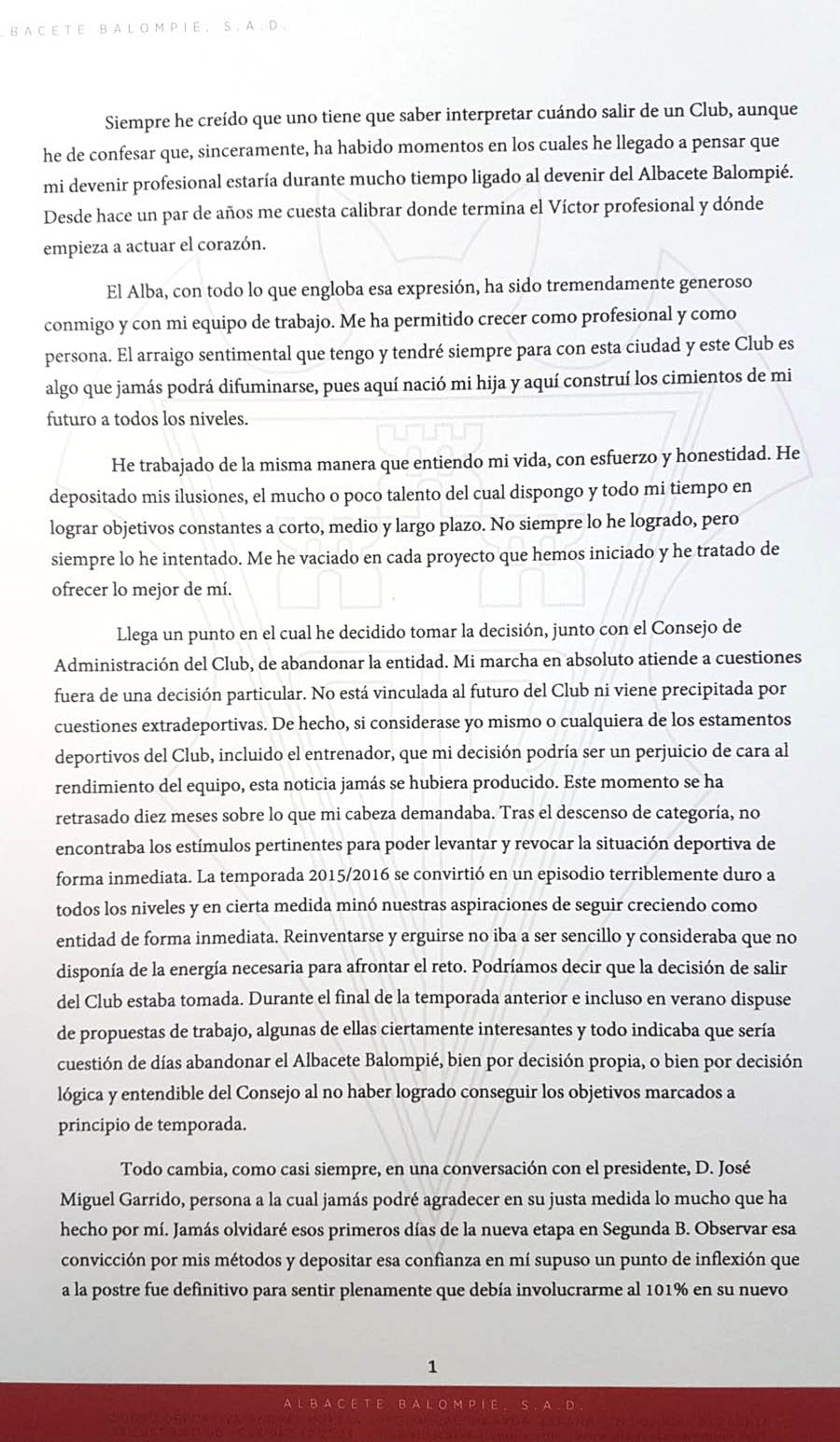 La carta de despedida de Víctor Moreno